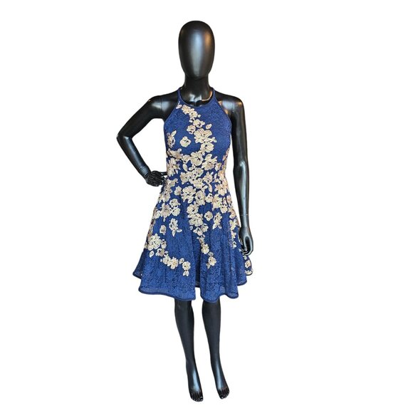 Xscape Dresses & Skirts - Navy Lace Halter Gold Embroidered Party Dress - Xscape